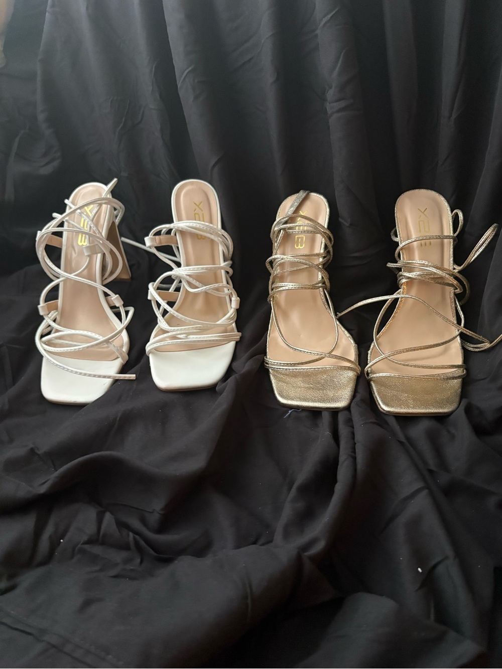 Strappy Lace-Up Heeled Sandals in White and Gold